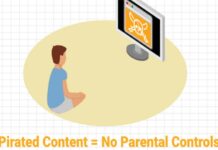 Fast Fact: Pirated Content = No Parental Controls Illustration showing child in front of TV with pirate danger on screen.