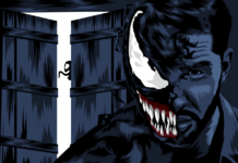 Venom: The Last Dance (Venom 3) Venom, a popular Marvel superhero character, depicted in a comic version with a dark and intense pose with sharp teeth and a menacing expression